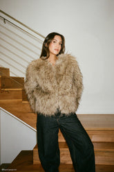 Ottie Mongolian Faux Fur Cropped Jacket - Brown Multi