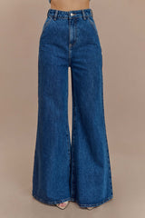 Jen Wide Leg Flare Denim Jeans - Dark Blue