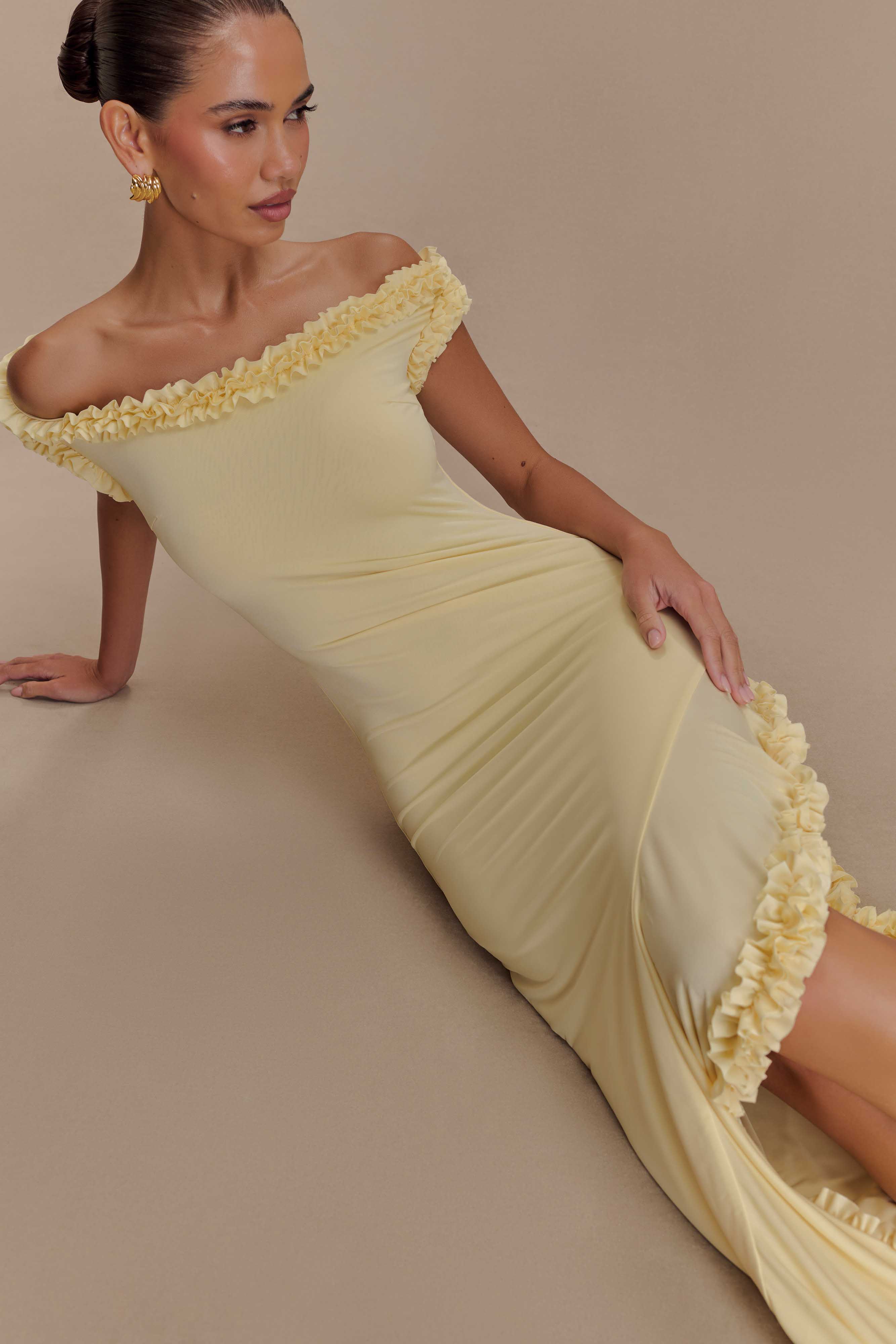 Arielle Off Shoulder Ruffle Midi Dress - Pastel Lemon