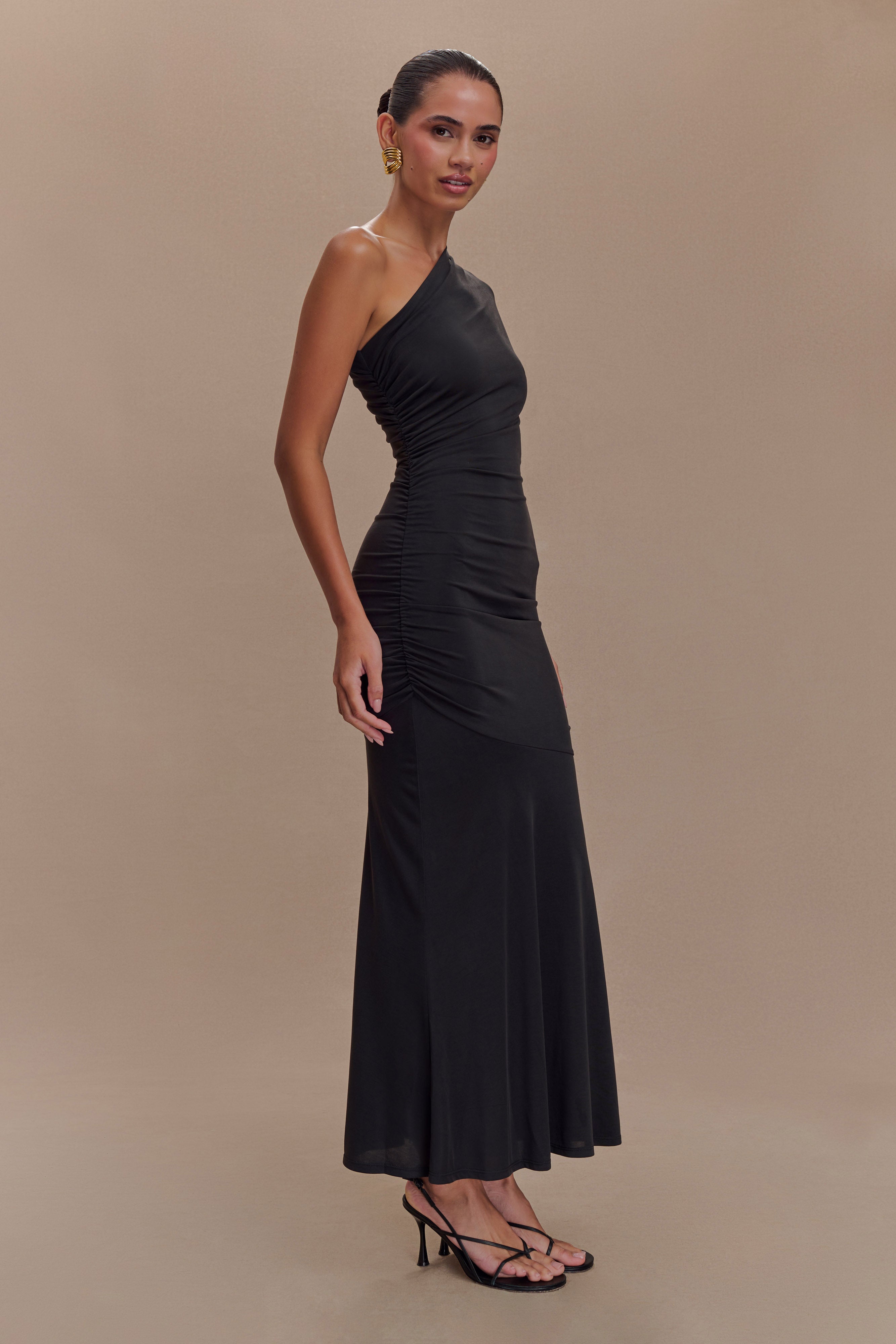 Chloe Peached Jersey One Shoulder Midi Dress - Black