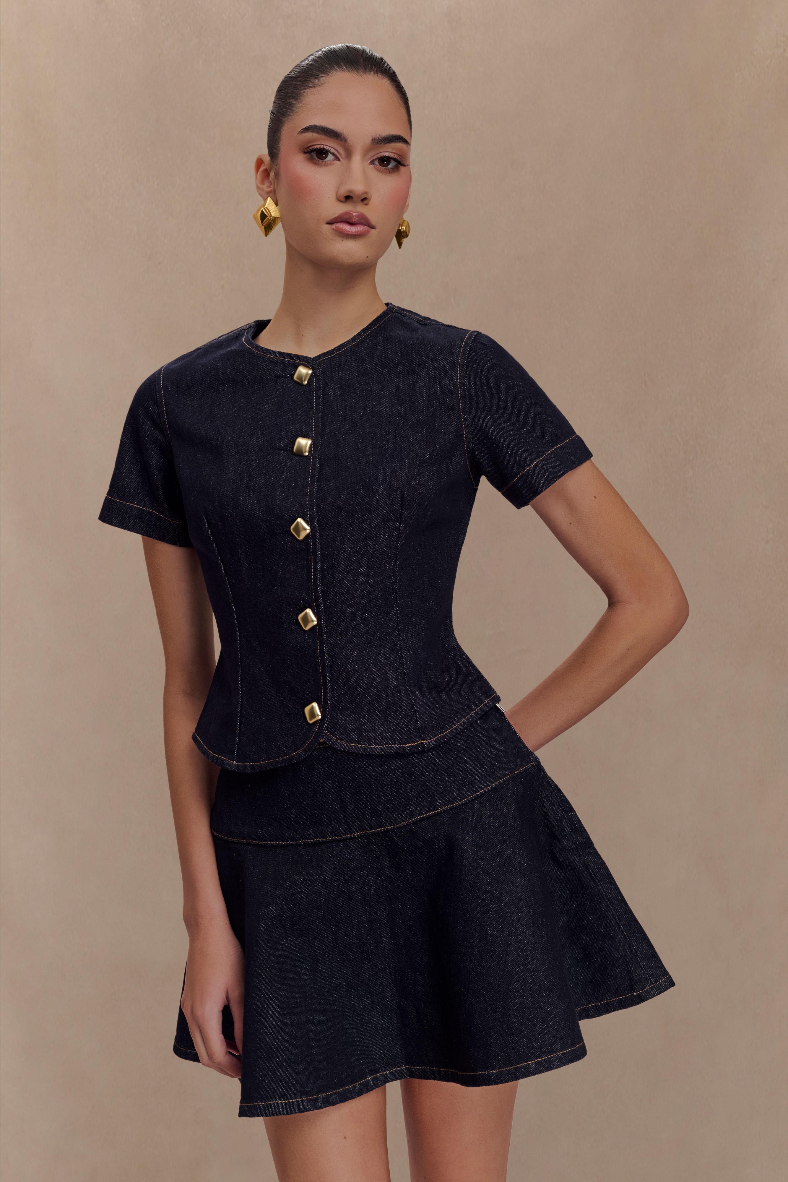 Bethany Short Sleeve Buttoned Denim Top - Washed Indigo Blue