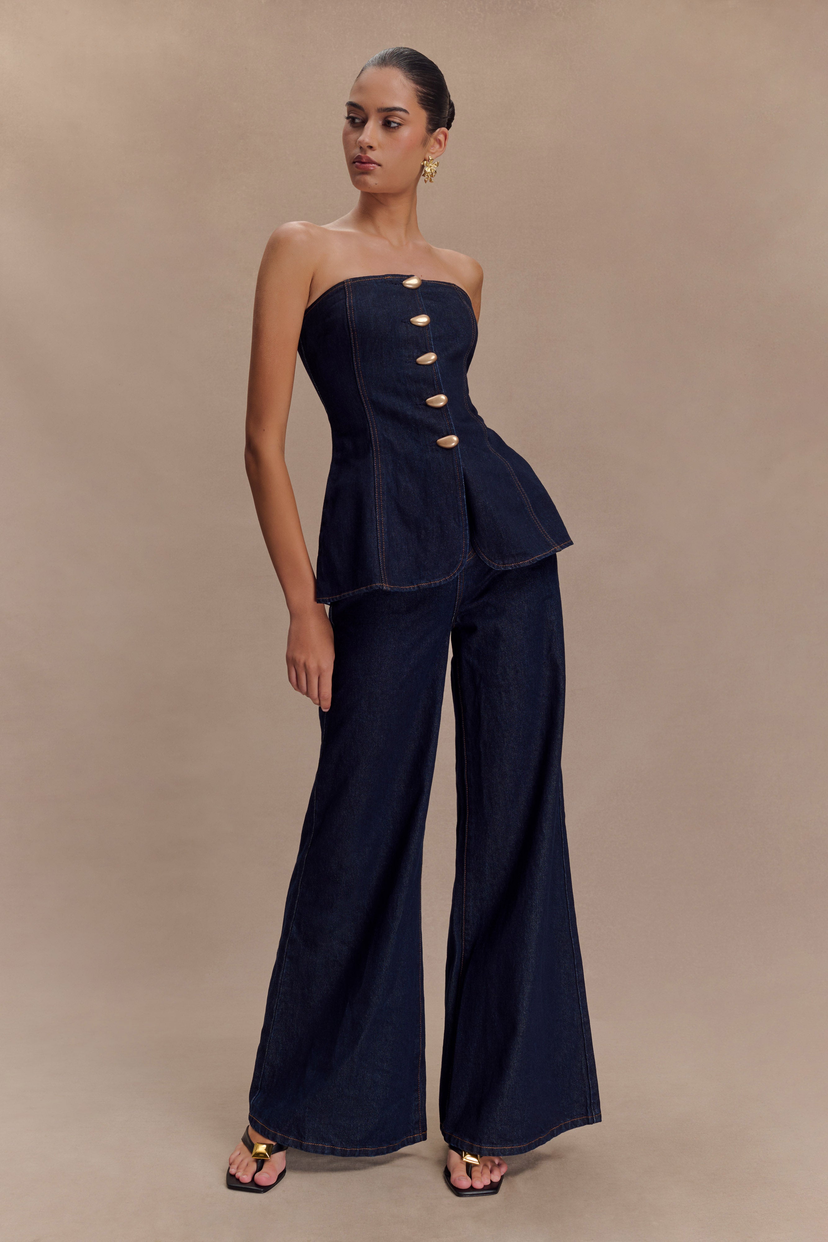 Lennox Strapless Long Line Button Top - Indigo Blue