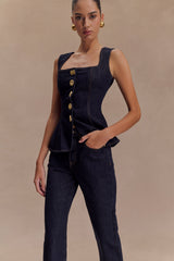Neve Sleeveless Buttoned Denim Top - Washed Indigo Blue