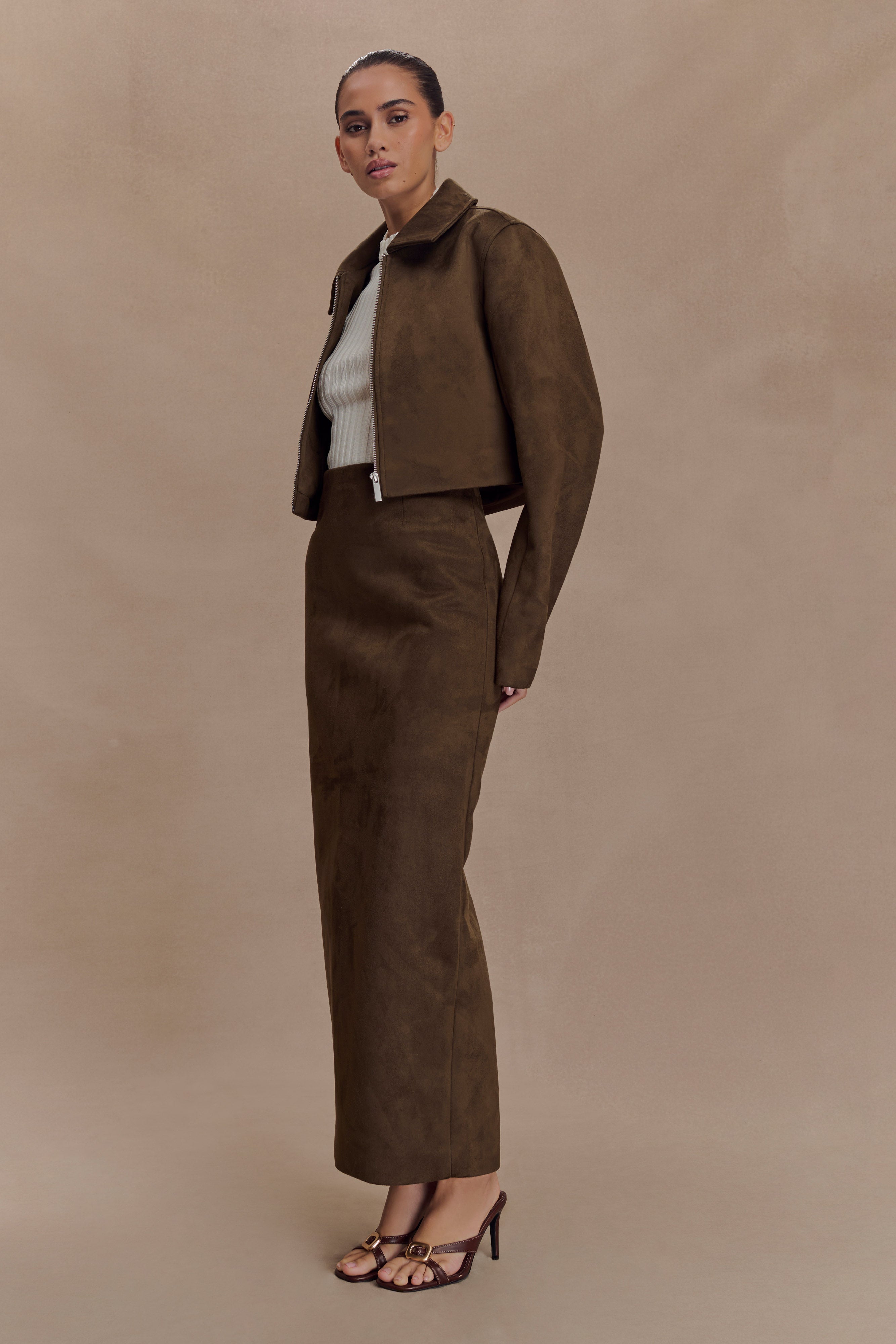 Hayes Faux Suede Collared Jacket - Chocolate