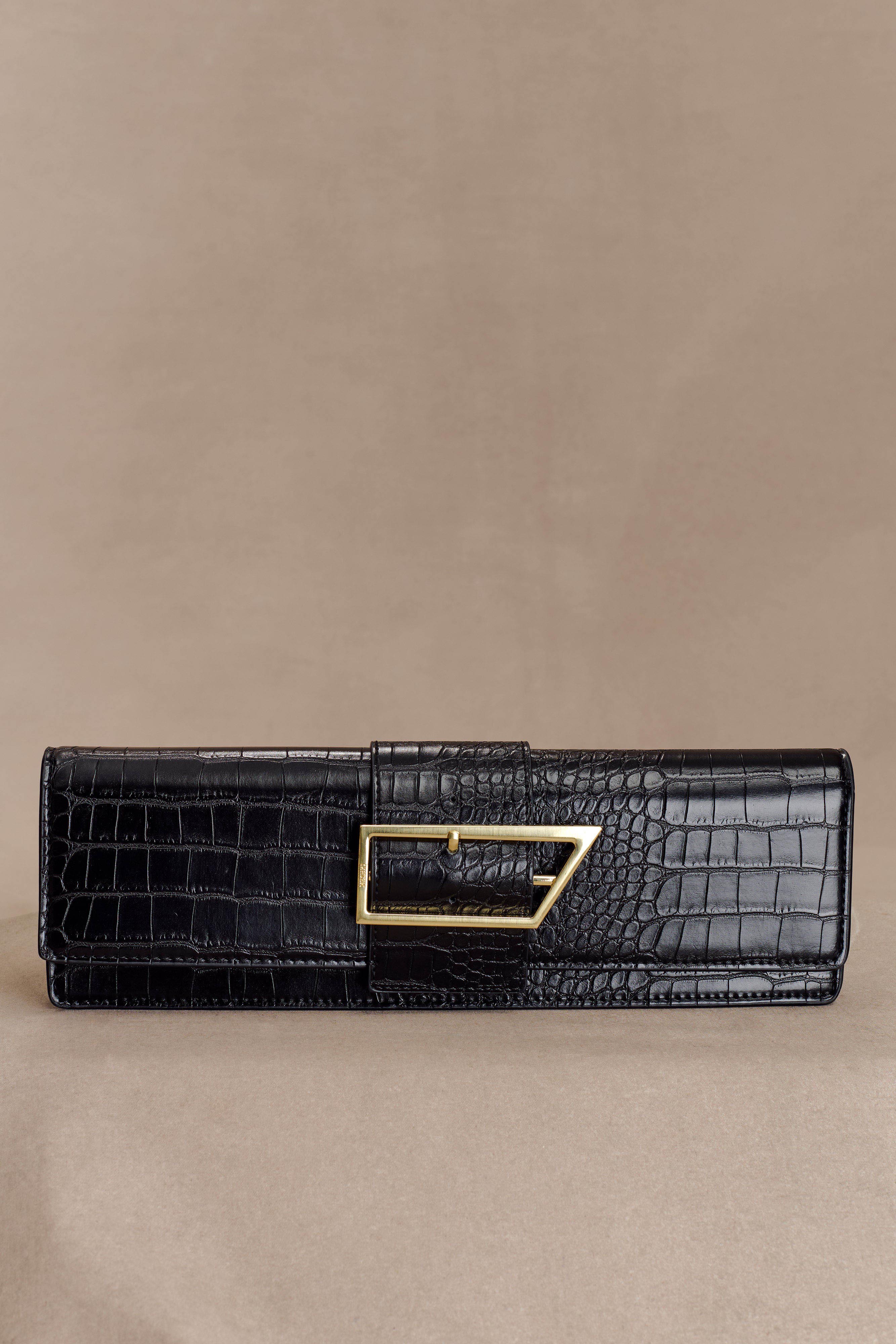 Jessica Faux Leather Crocodile Clutch - Black