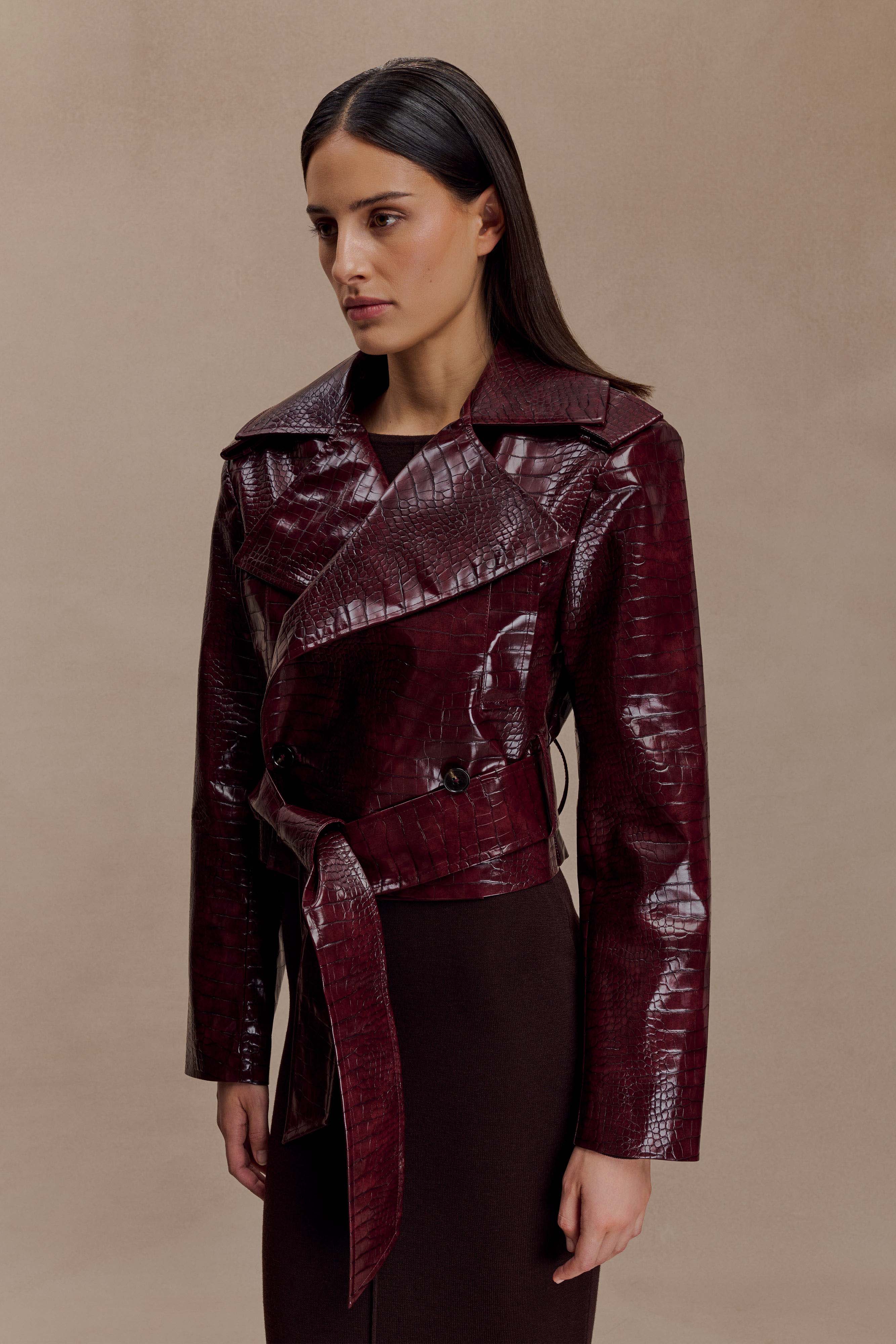 Archie Croc Faux Leather Cropped Jacket - Burgundy
