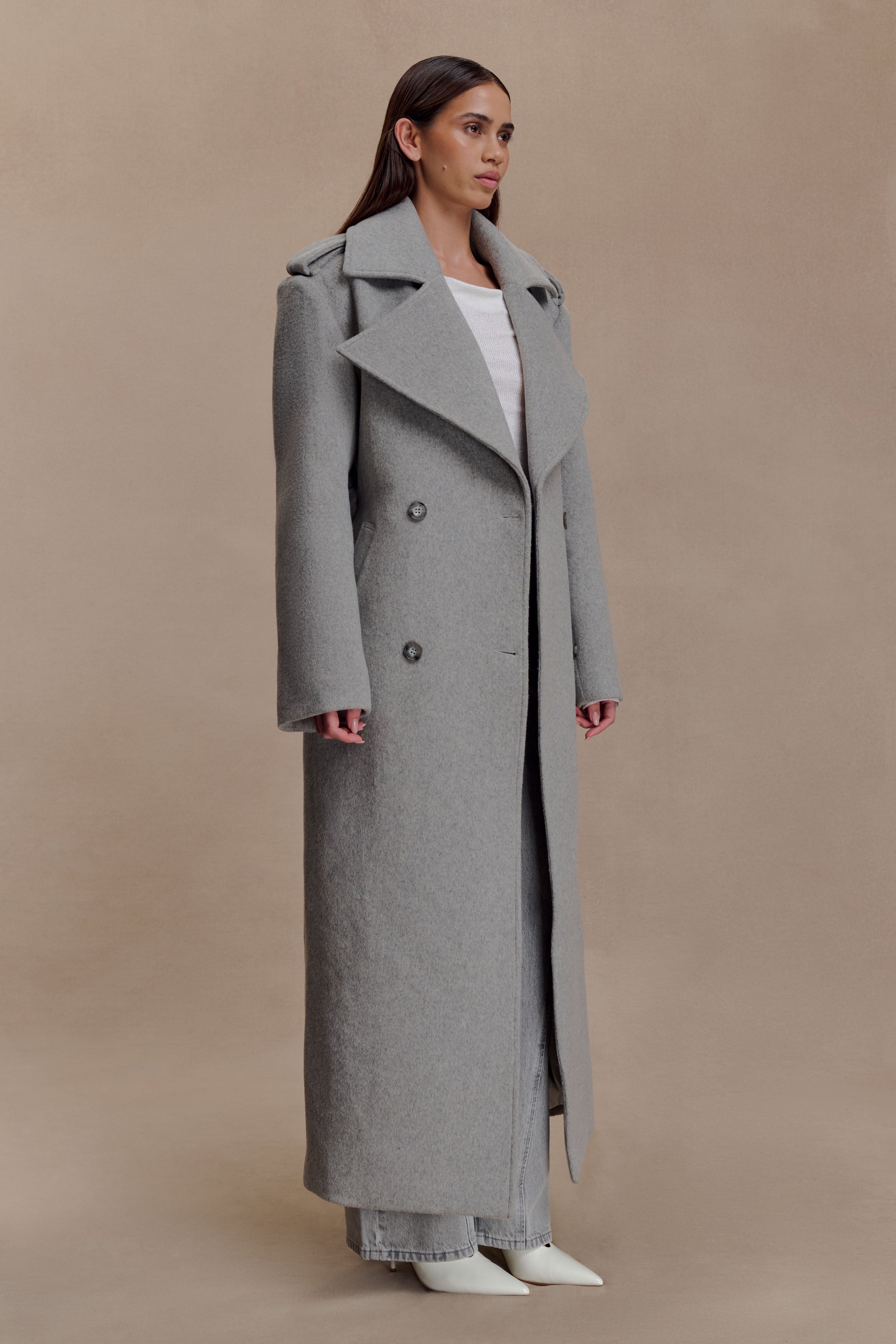 Levi Long Trench Wool Coat - Grey Marle