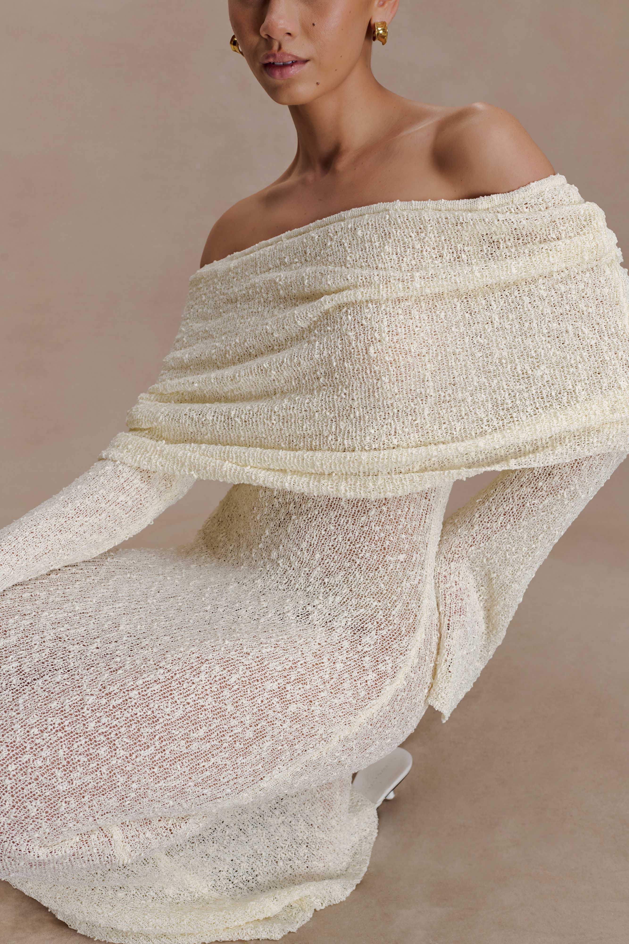 Marisol Off Shoulder Boucle Maxi Dress - Ivory