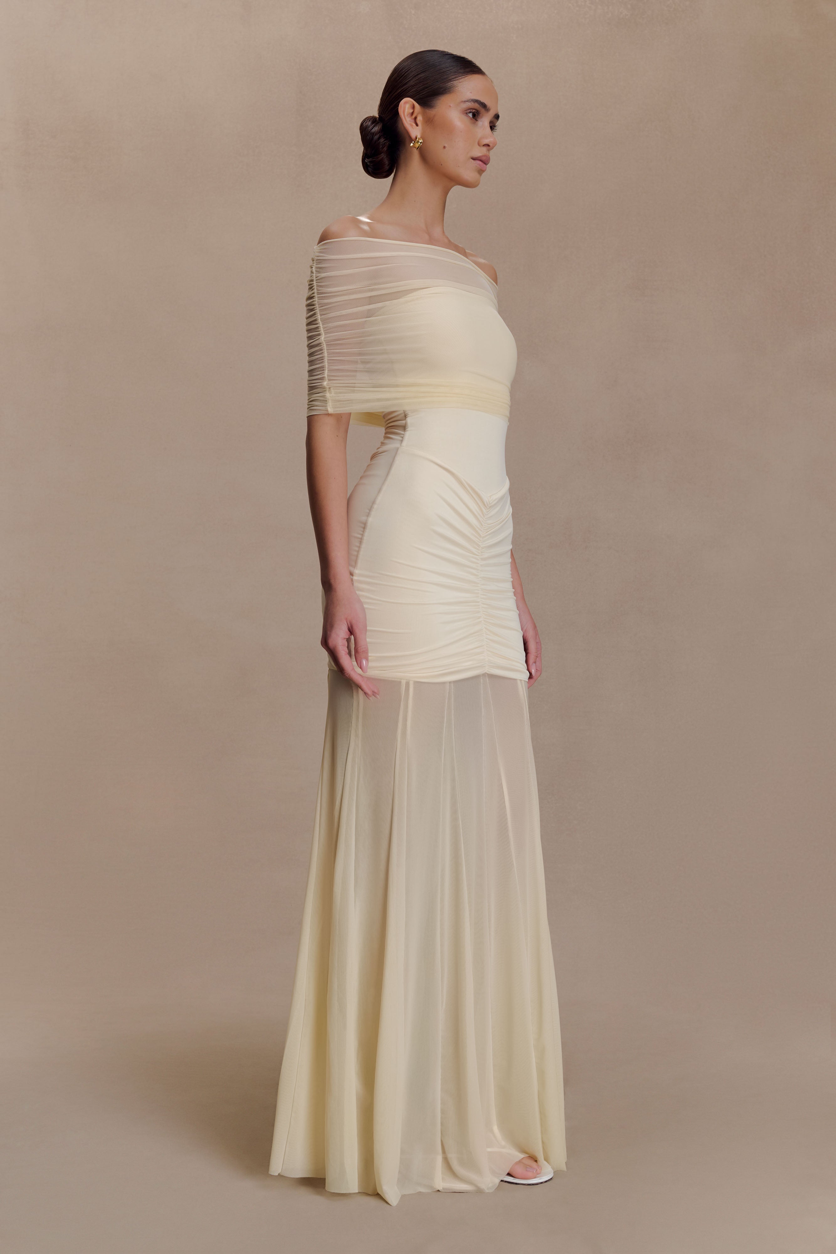 Caspian Slinky And Mesh Off Shoulder Maxi Dress - Ivory