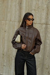 Curtis Faux Leather Bomber Jacket - Dark Chocolate